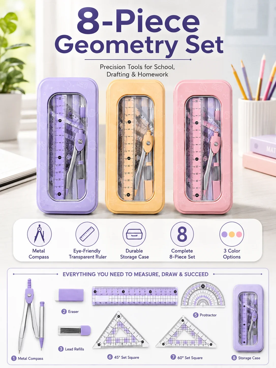 8-Piece Math Geometry Set for  - Compass Geometry Set recension och pris